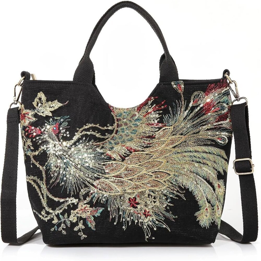 Women's Sequin Embroidery Bird Small Canvas Stylish Casual Shoulder Bags